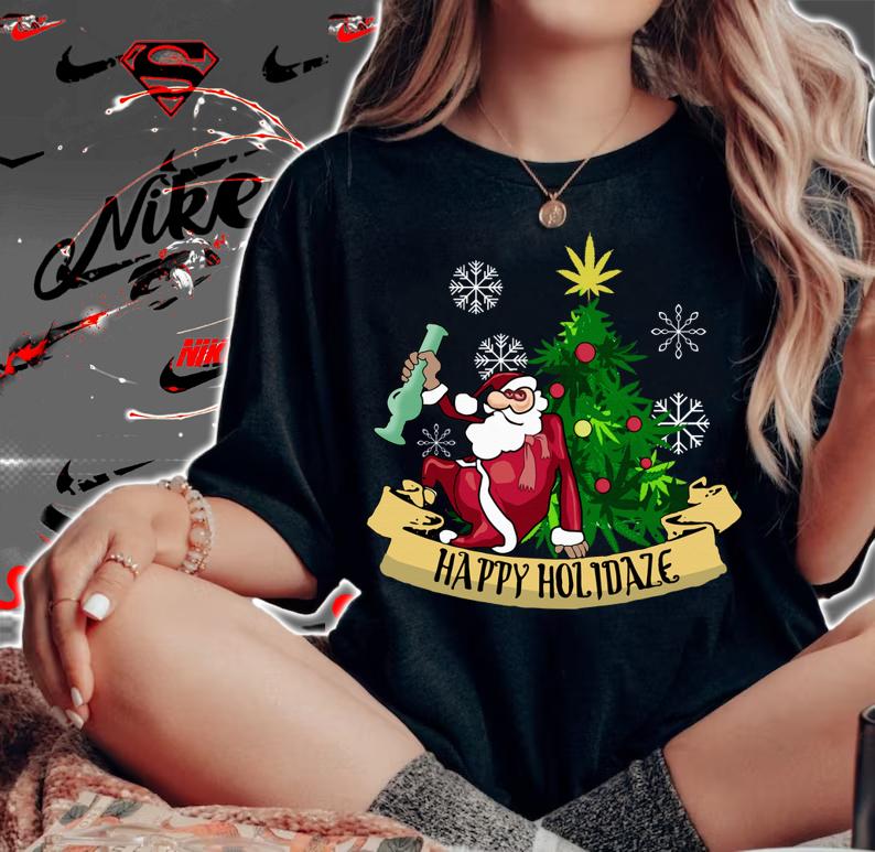 Smoking Santa Happy Holidaze Cannabis Christmas Tree t-shirt woman shirt