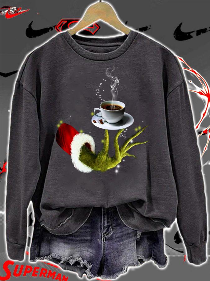 Grinch holding coffee cup Christmas t-shirt sweatshirt