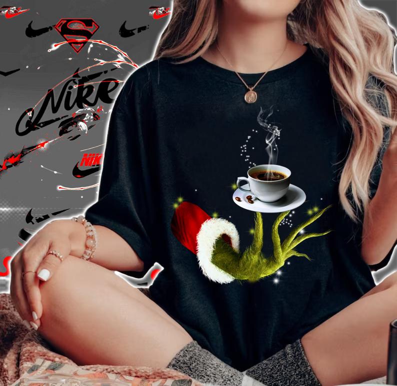Grinch holding coffee cup Christmas t-shirt woman shirt