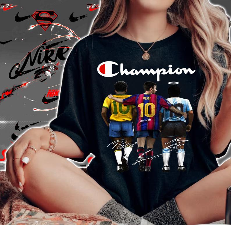 Logo Champion Pelé Lionel Messi Diego Maradona Signatures t-shirt woman shirt
