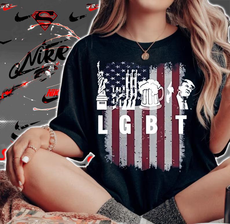 Liberty Guns Beer Trump Parody LGBT USA Flag T-Shirt t-shirt woman shirt