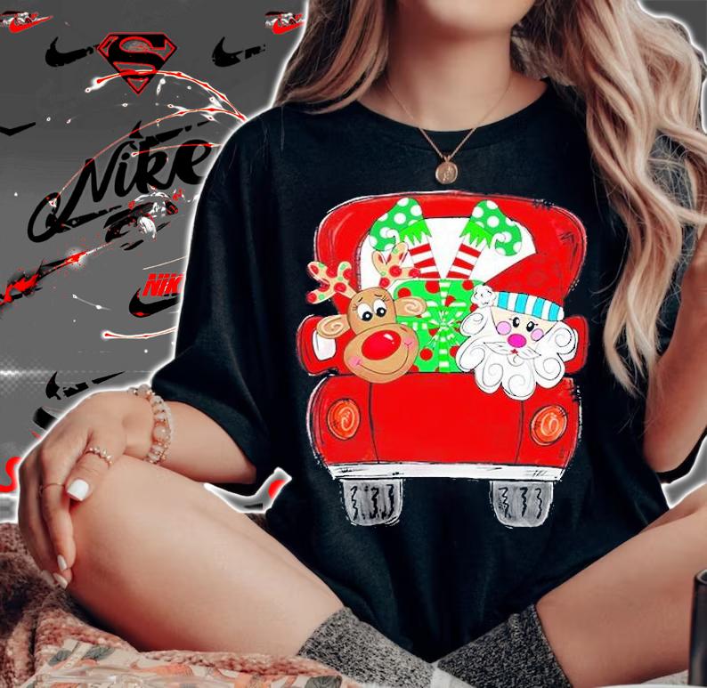 Santa Claus Reindeer In Van Car Christmas T-Shirt t-shirt woman shirt