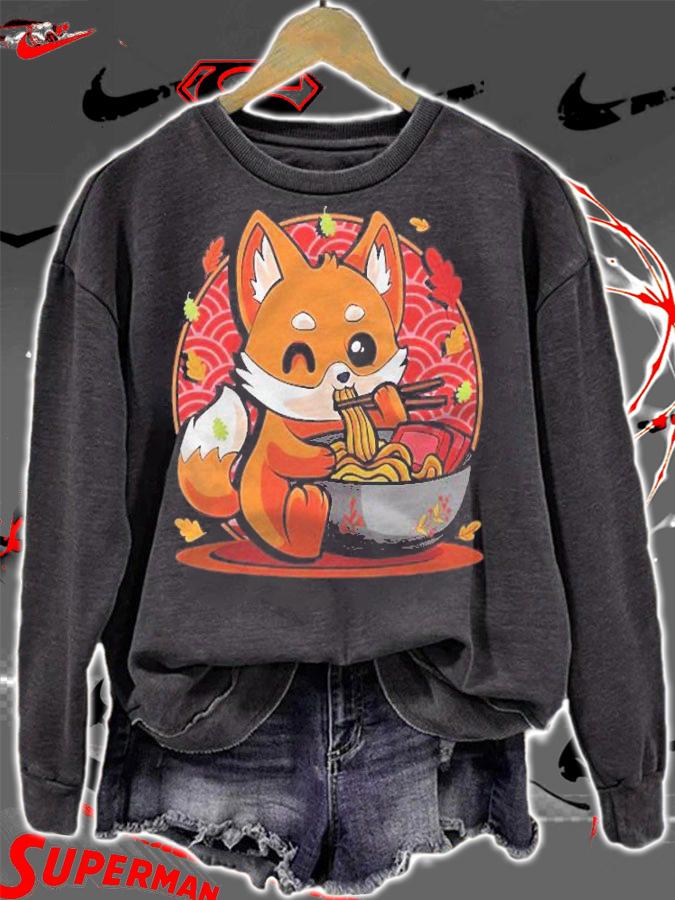 Womens Fox Eating Pho Noodles Japanese Anime Kawaii Ramen Otaku Shirt sweatshirt