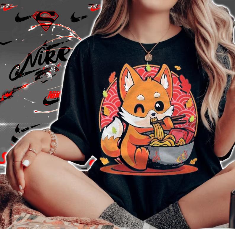Womens Fox Eating Pho Noodles Japanese Anime Kawaii Ramen Otaku Shirt woman shirt